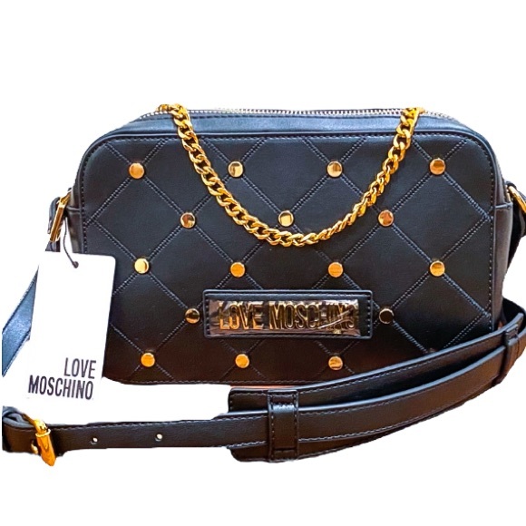 Love Moschino Black Leather Studded Double Zip Crossbody Bag